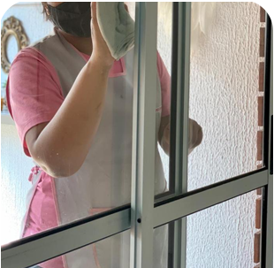 Imagem de uma Profissional limpando o vidro